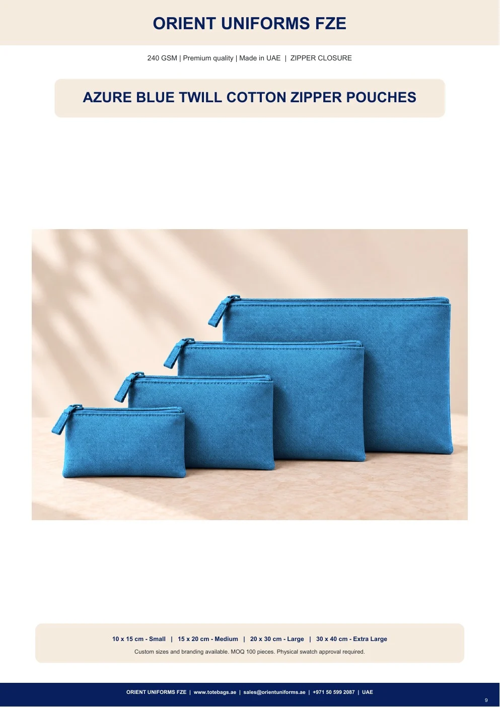 Azure Blue Twill Cotton Zipper Pouches Azure Blue Twill Cotton Zipper Pouches