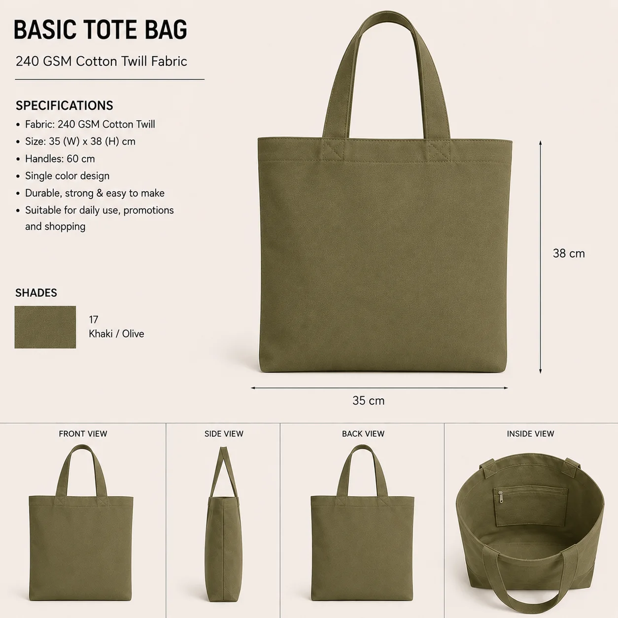 Beige Cotton Tote Bag Brand Merchandise Shopper