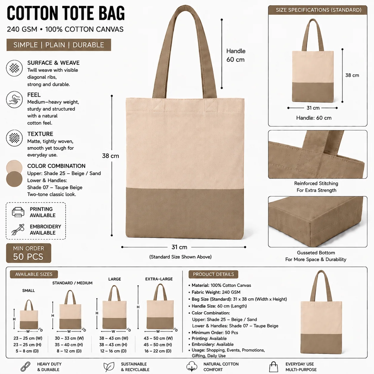 Beige Cotton Tote Bag Carryall Shopper