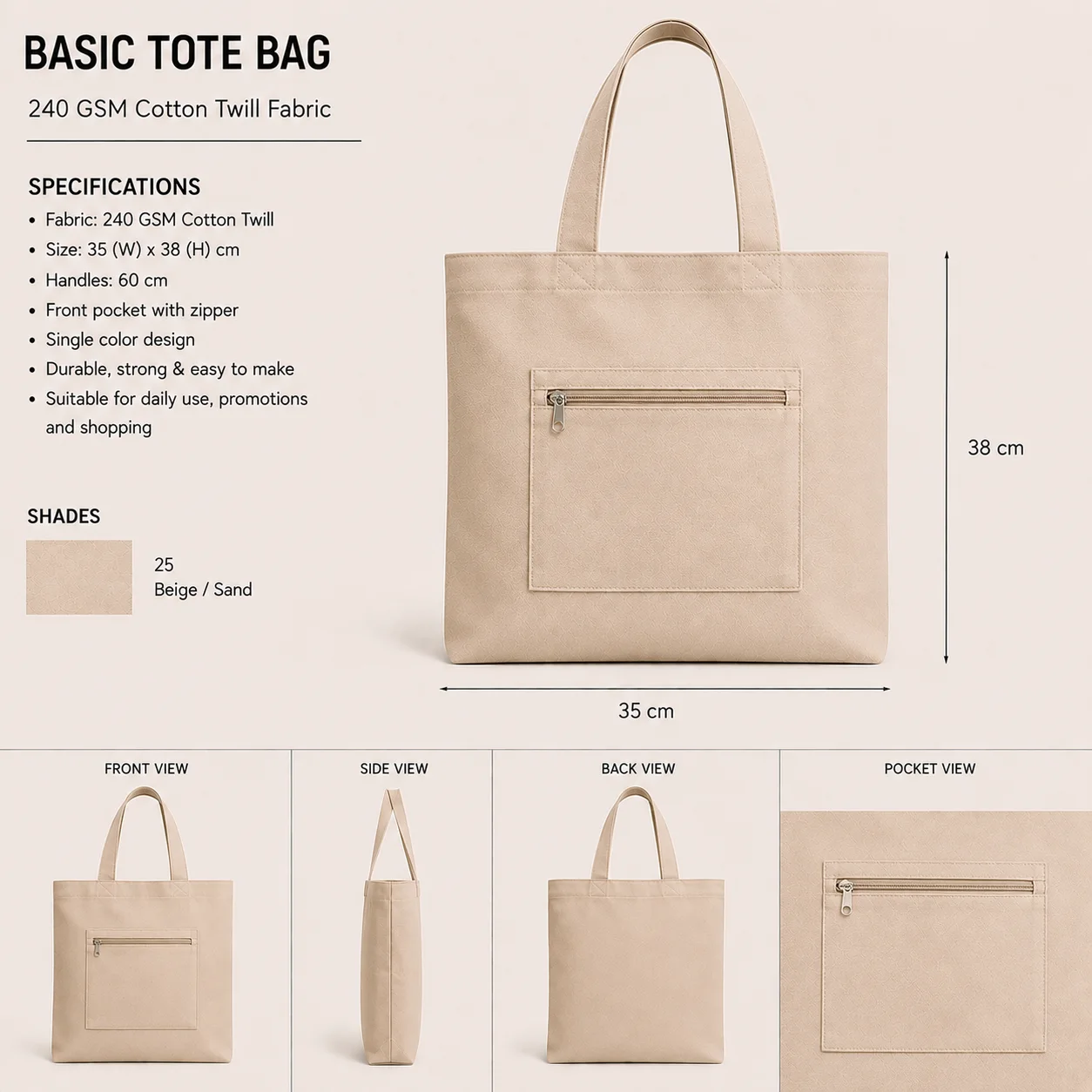 Beige Cotton Tote Bag Conference Shopper