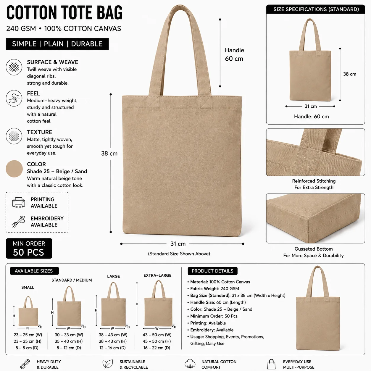 Beige Cotton Tote Bag Event Shopper Beige Cotton Tote Bag Event Shopper