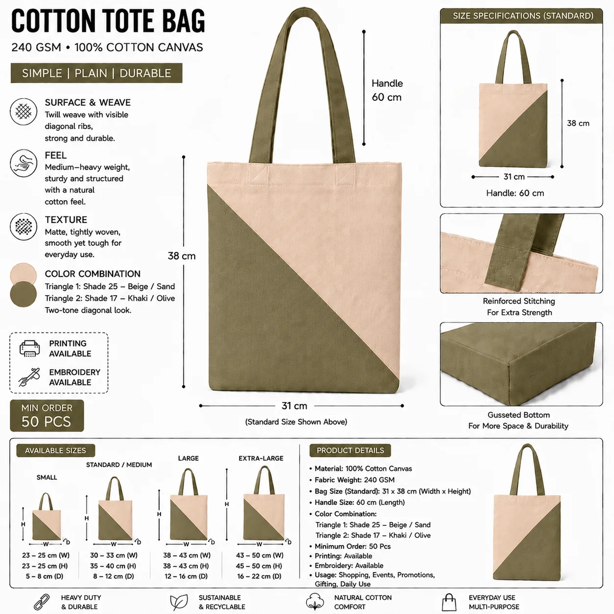 Beige Cotton Tote Bag Everyday Shopper