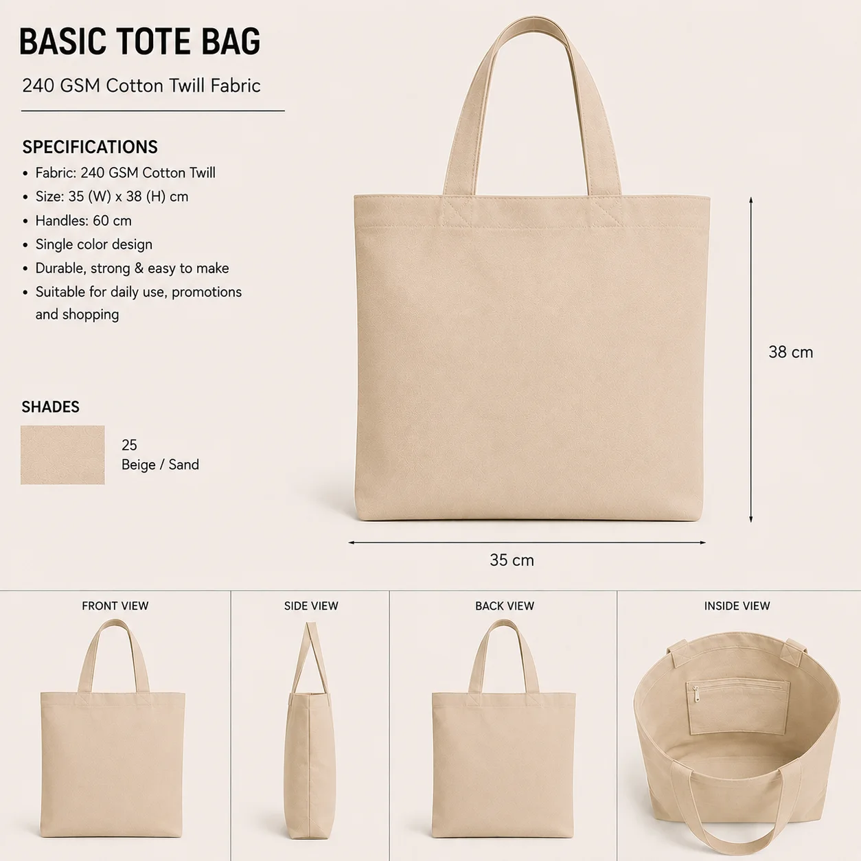 Beige Cotton Tote Bag Retail Shopper