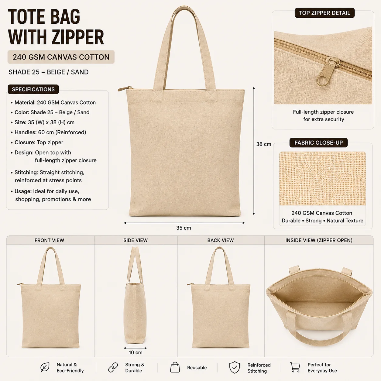 Beige Cotton Tote Bag Reusable Shopper Beige Cotton Tote Bag Reusable Shopper