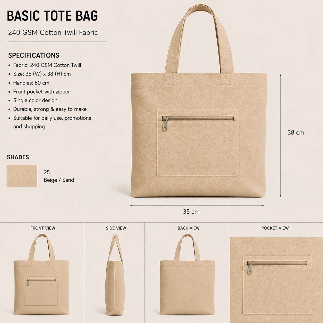 Beige Cotton Tote Bag School Shopper