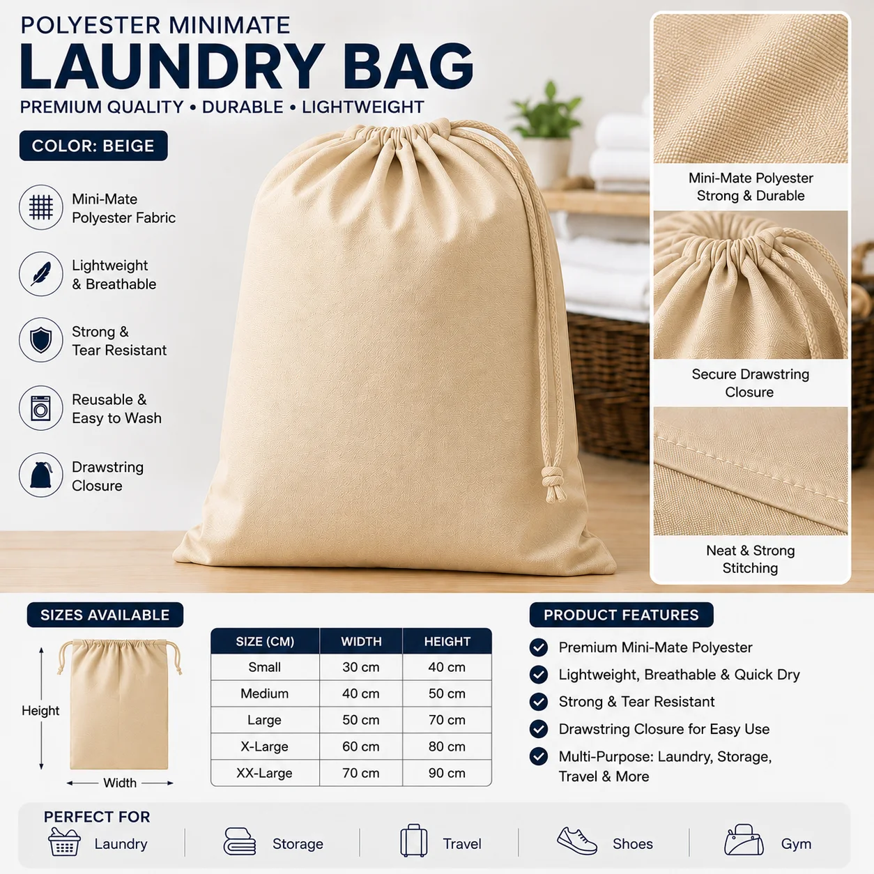 Beige Polyester Hotel Laundry Bag