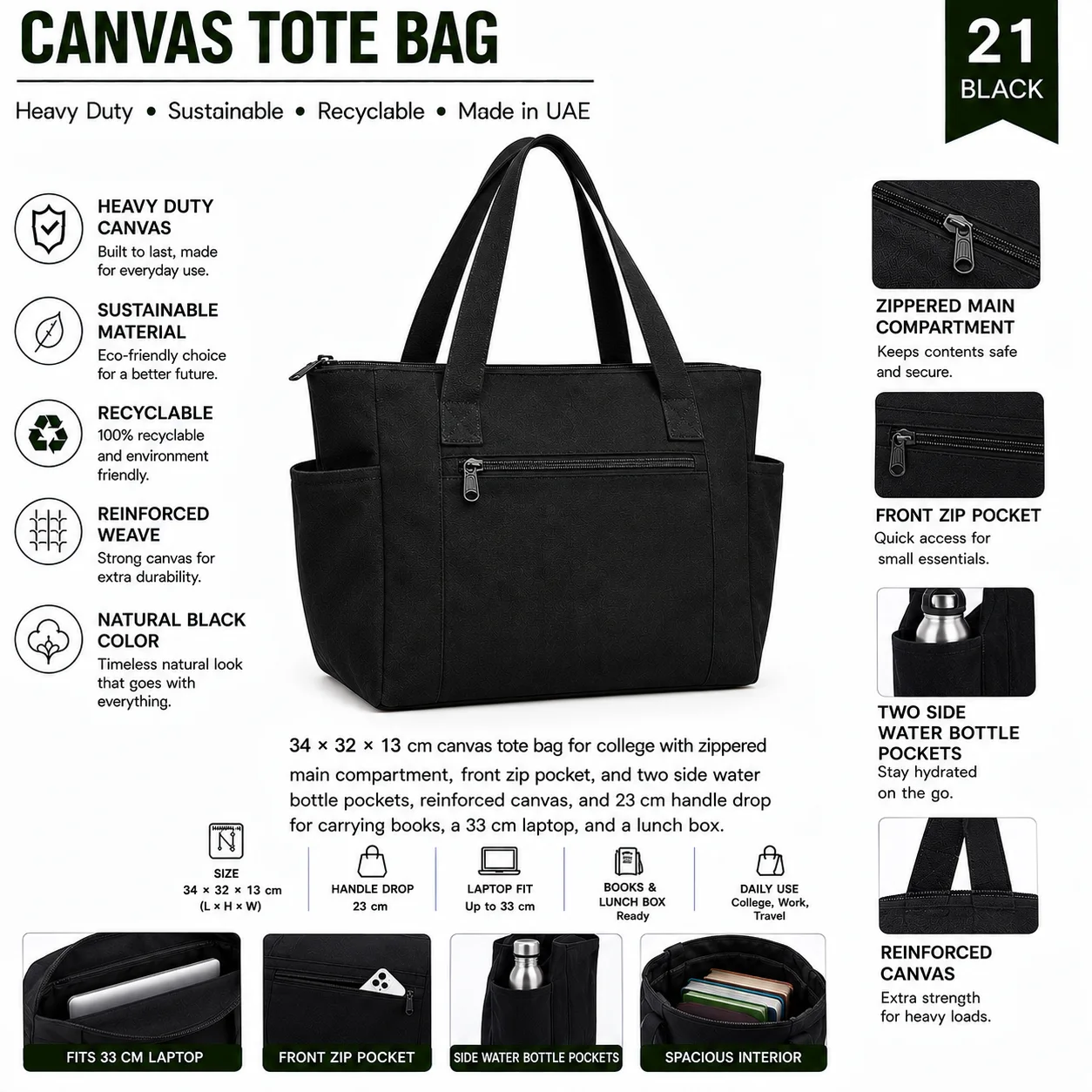 Black Canvas Tote Bag Carryall Shopper full view