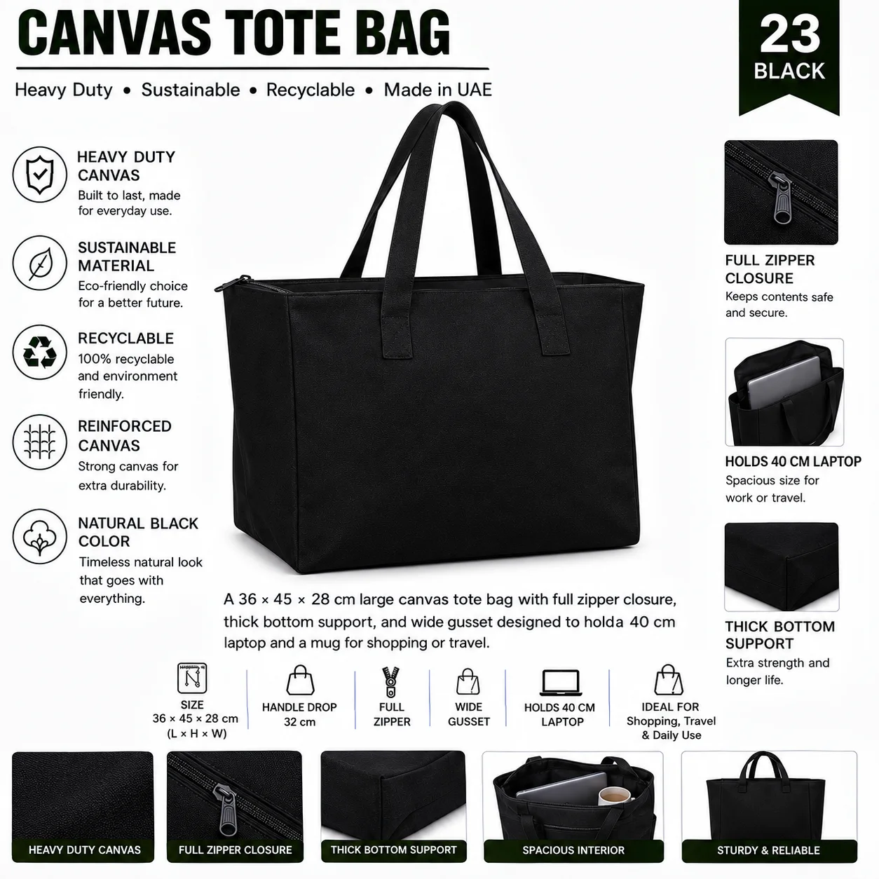 Black Canvas Tote Bag Event Shopper