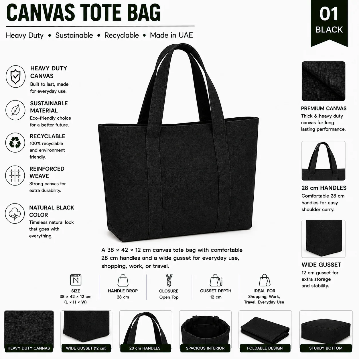 Black Canvas Tote Bag Reusable Shopper