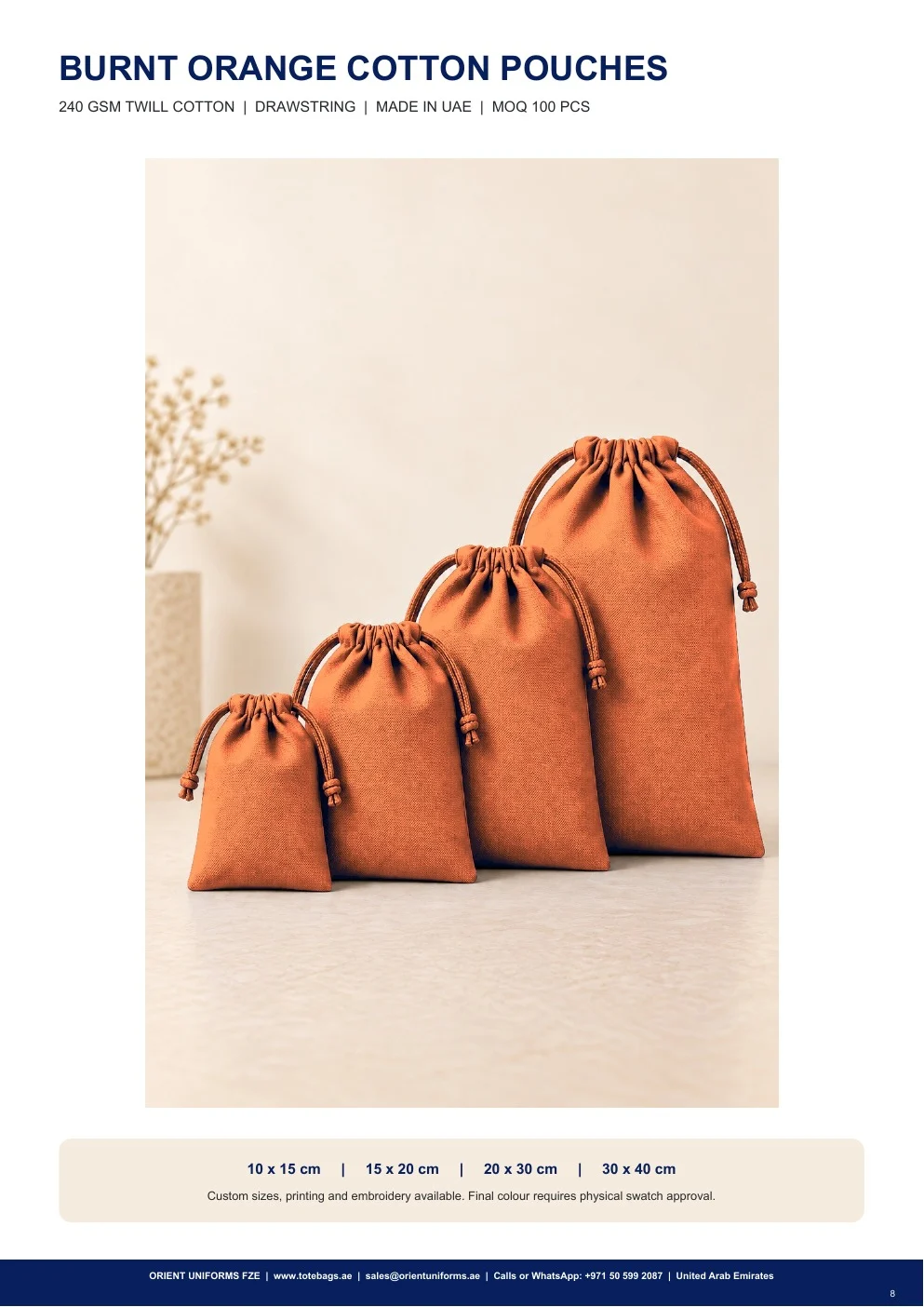 Burnt Orange Cotton Drawstring Pouches Burnt Orange Cotton Drawstring Pouches