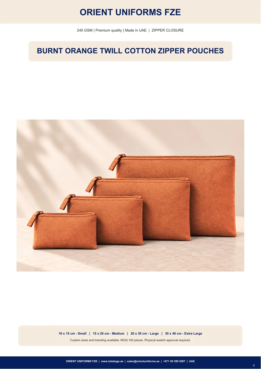 Burnt Orange Twill Cotton Zipper Pouches Burnt Orange Twill Cotton Zipper Pouches