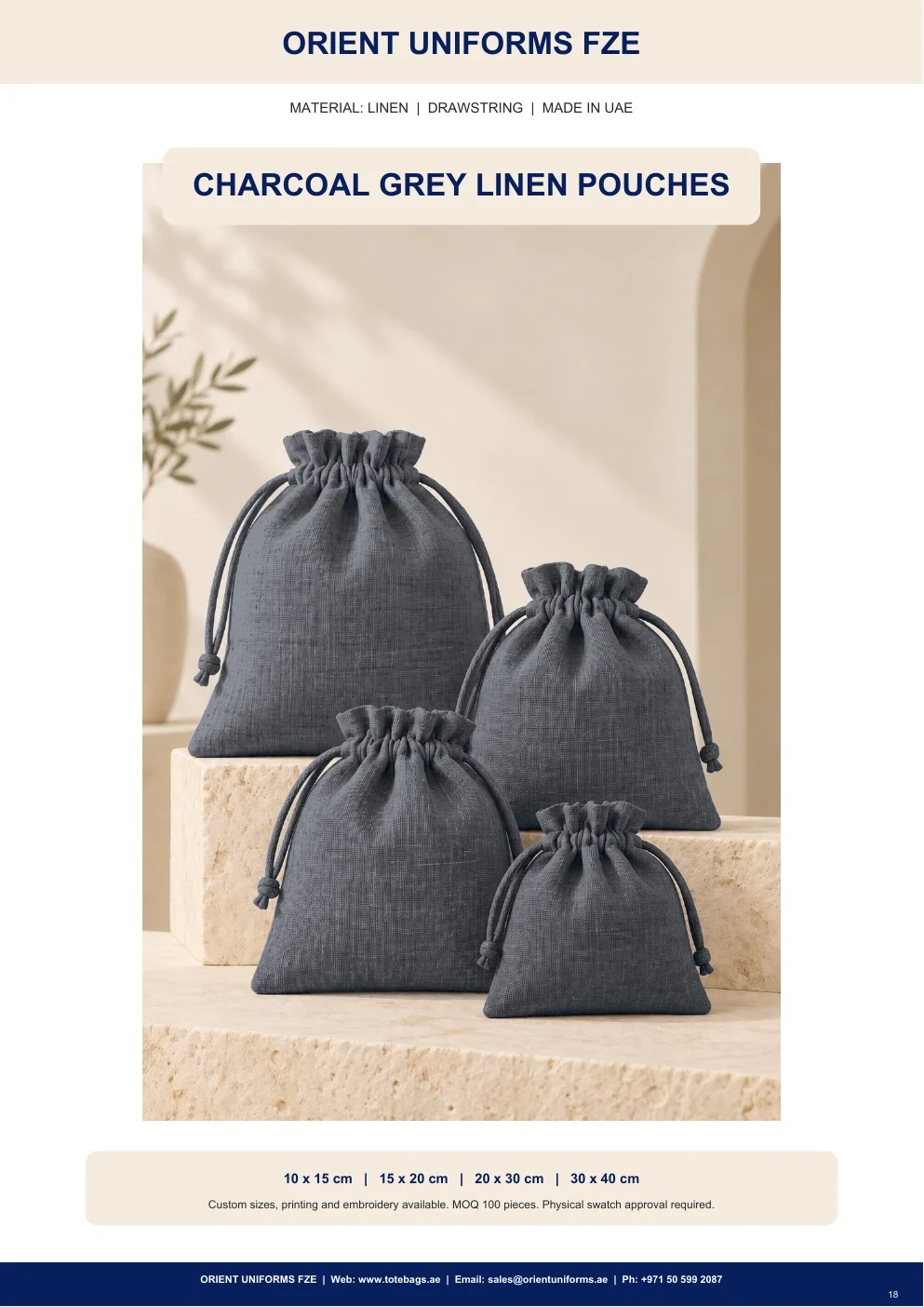 Charcoal Grey Linen Drawstring Pouches