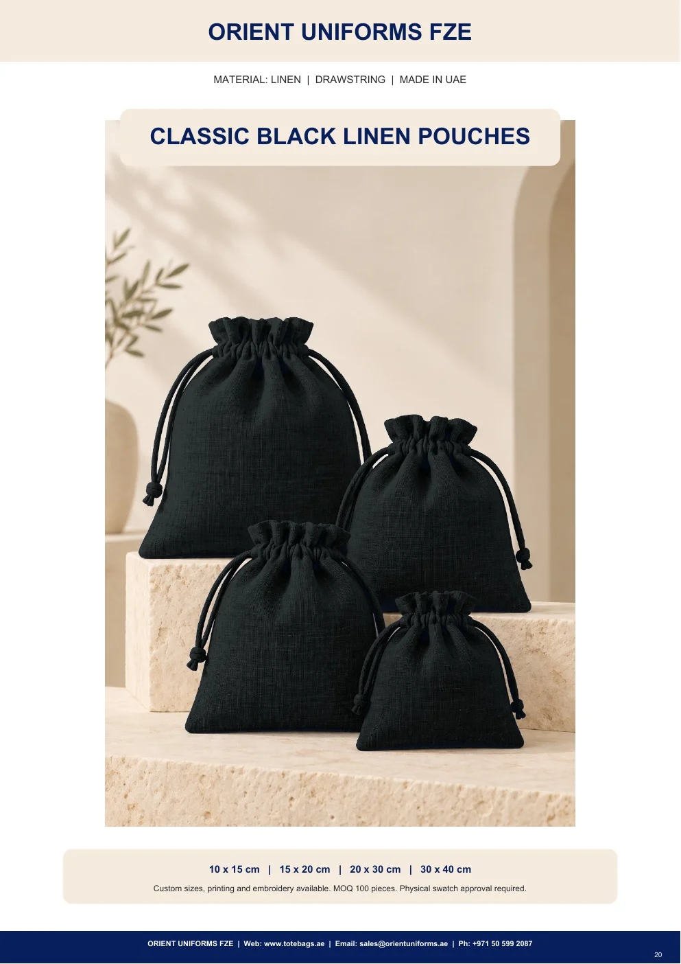 Classic Black Linen Drawstring Pouches