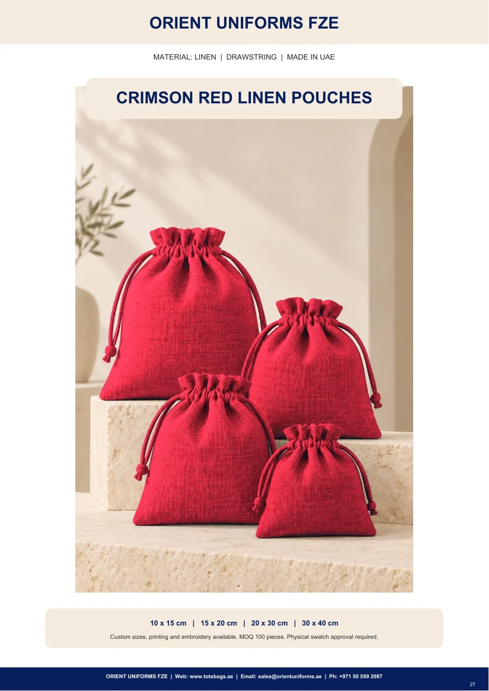 Crimson Red Linen Drawstring Pouches