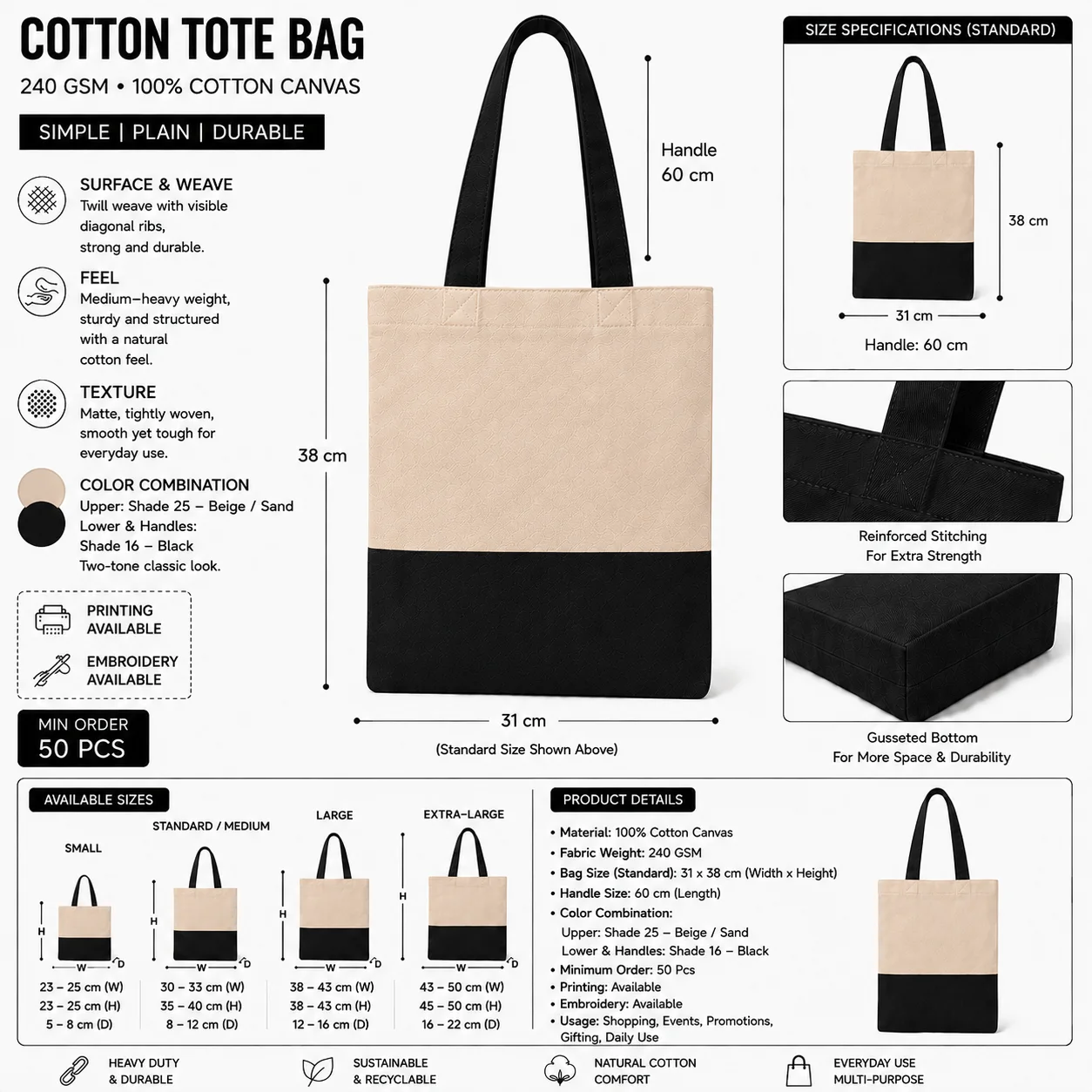 Dark Grey Cotton Tote Bag Classic Shopper