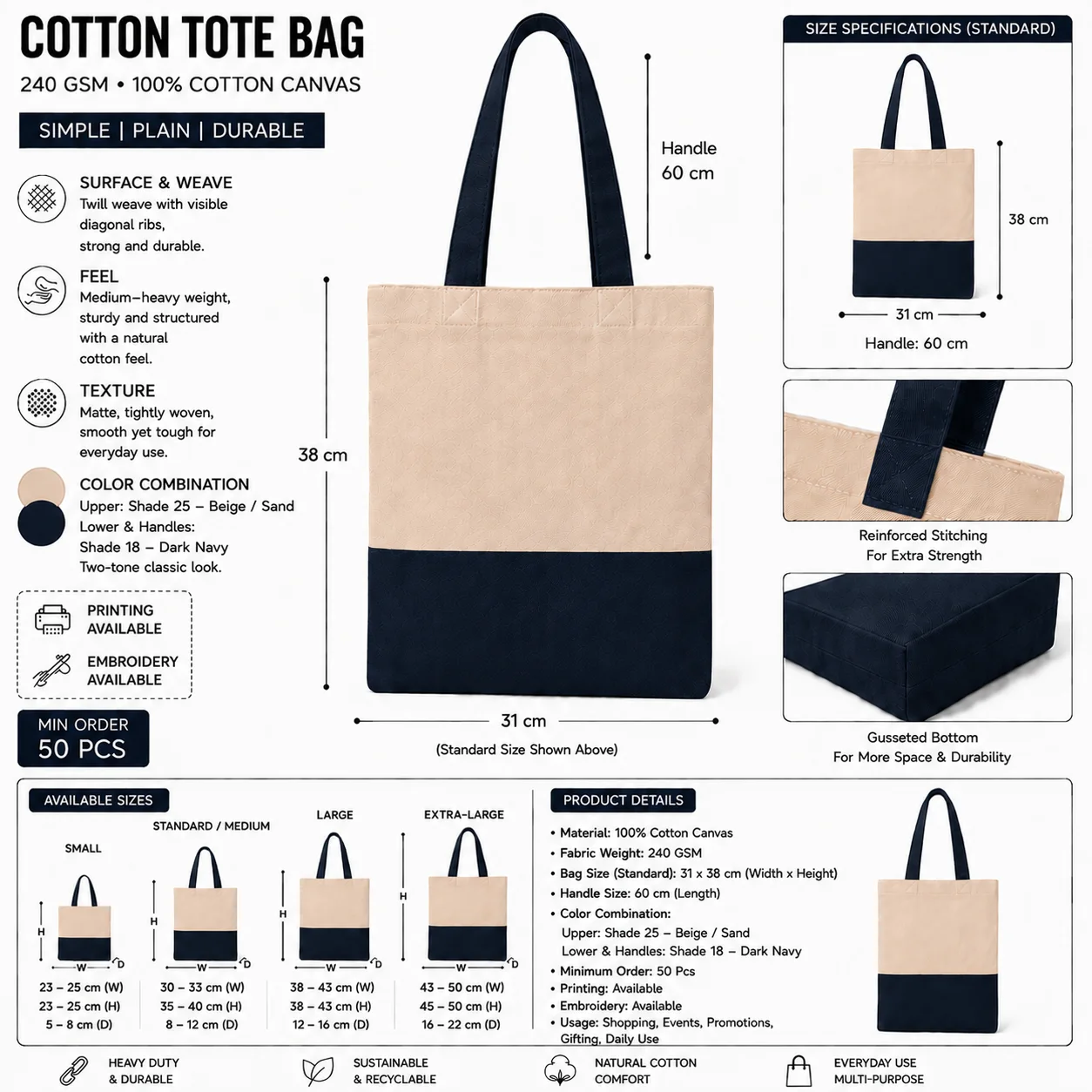 Dark Grey Cotton Tote Bag Everyday Shopper
