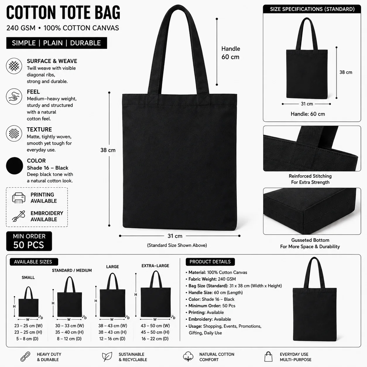 Dark Grey Cotton Tote Bag Retail Shopper