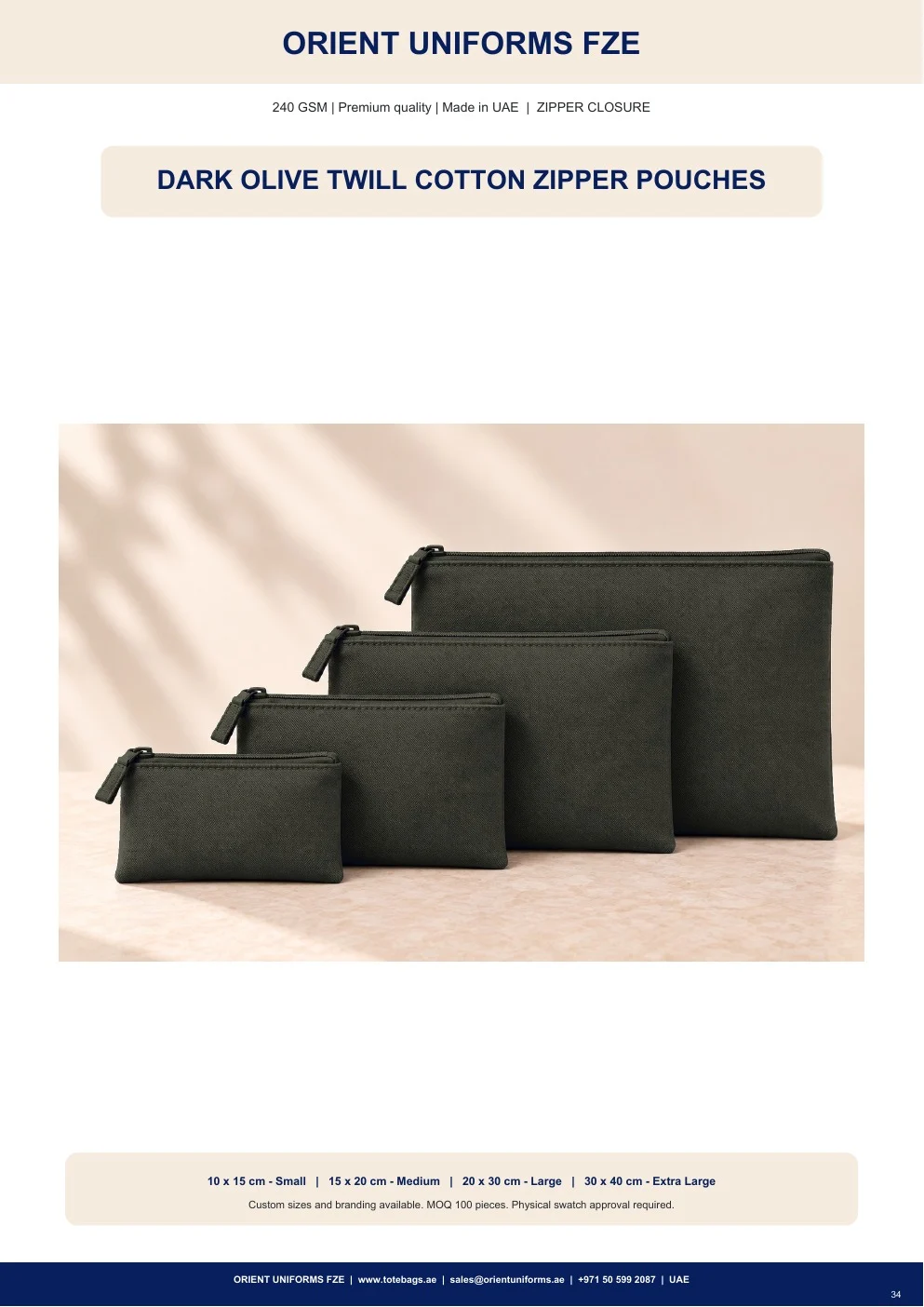 Dark Olive Twill Cotton Zipper Pouches Dark Olive Twill Cotton Zipper Pouches
