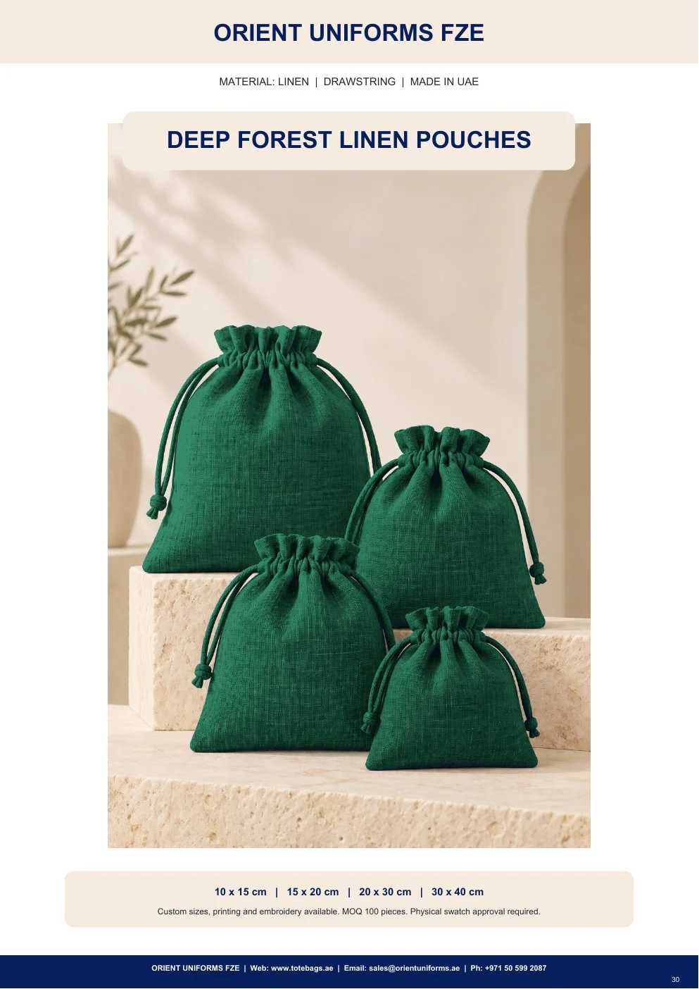 Deep Forest Linen Drawstring Pouches
