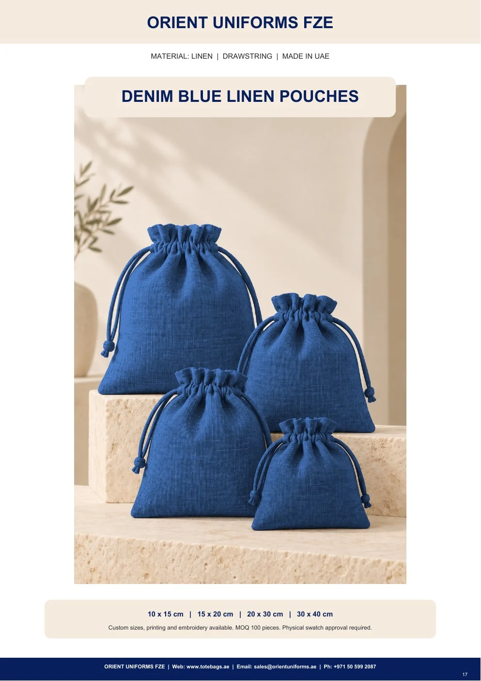 Denim Blue Linen Drawstring Pouches