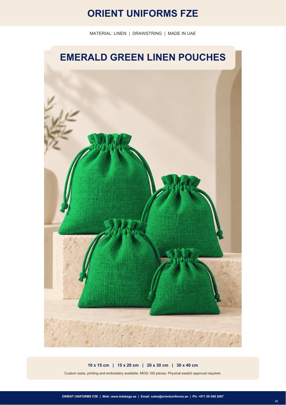 Emerald Green Linen Drawstring Pouches