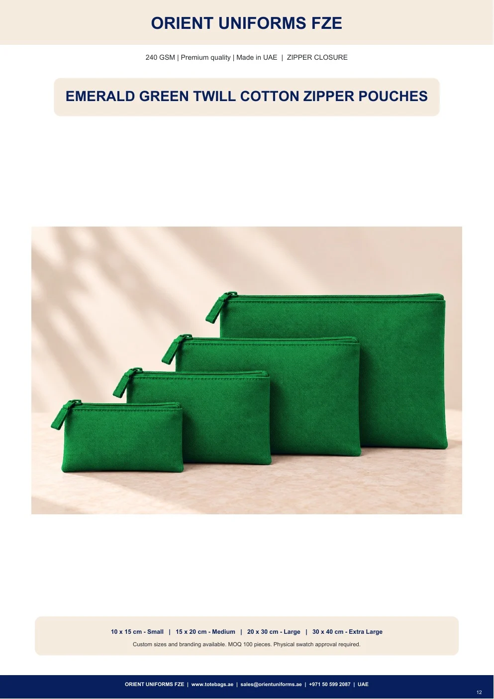 Emerald Green Twill Cotton Zipper Pouches Emerald Green Twill Cotton Zipper Pouches