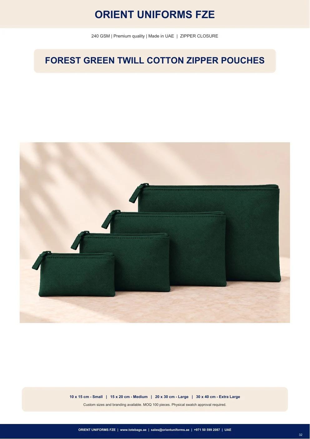 Forest Green Twill Cotton Zipper Pouches Forest Green Twill Cotton Zipper Pouches