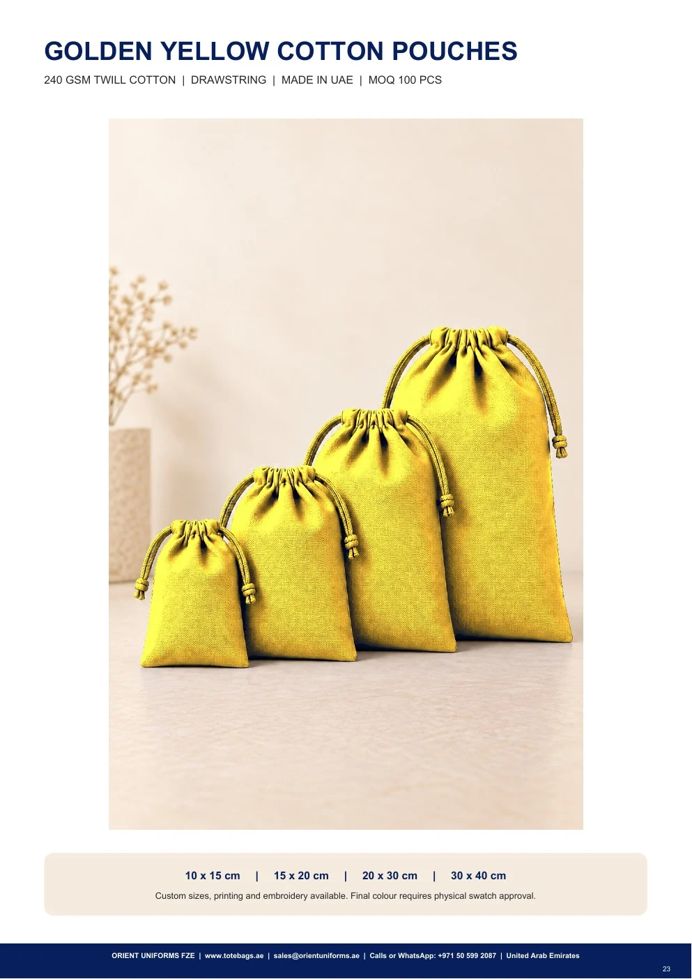 Golden Yellow Cotton Drawstring Pouches Golden Yellow Cotton Drawstring Pouches