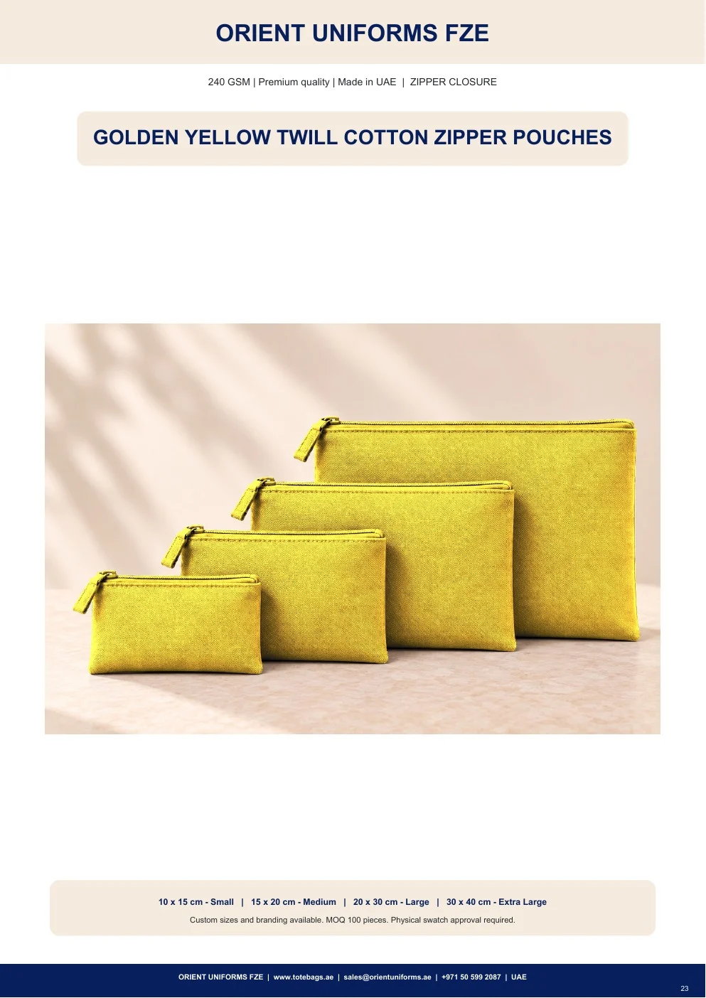Golden Yellow Twill Cotton Zipper Pouches Golden Yellow Twill Cotton Zipper Pouches