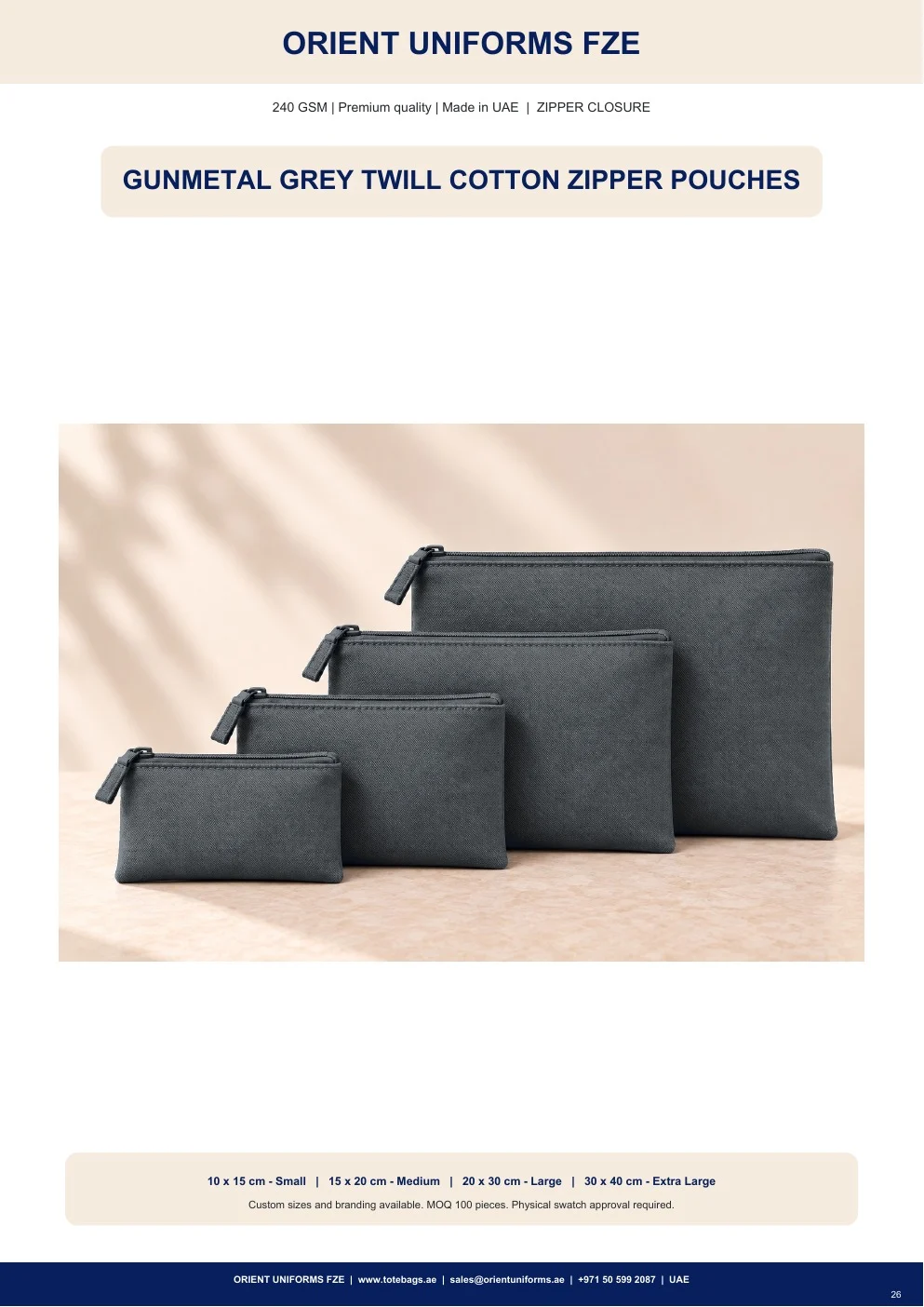 Gunmetal Grey Twill Cotton Zipper Pouches Gunmetal Grey Twill Cotton Zipper Pouches