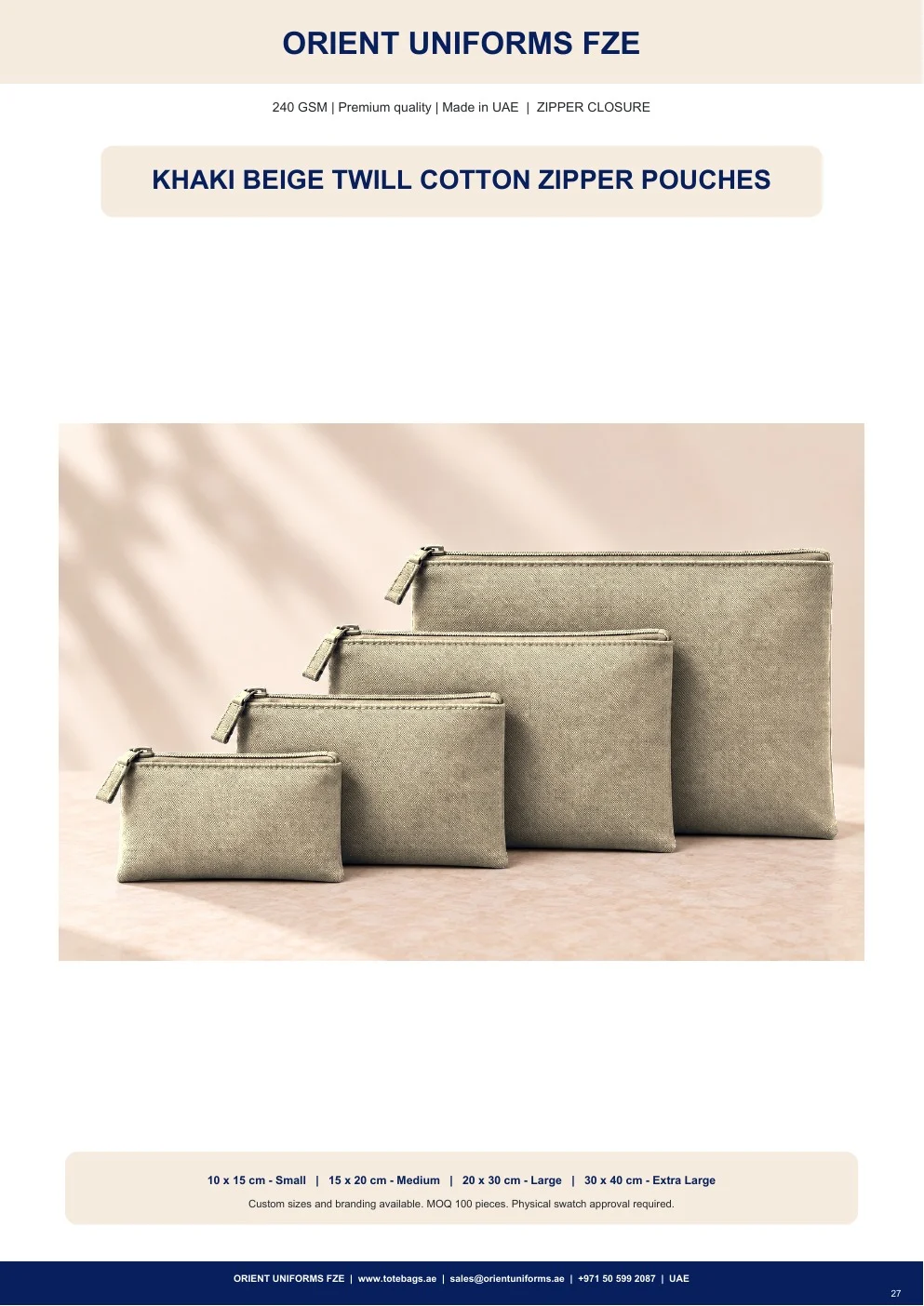Khaki Beige Twill Cotton Zipper Pouches Khaki Beige Twill Cotton Zipper Pouches