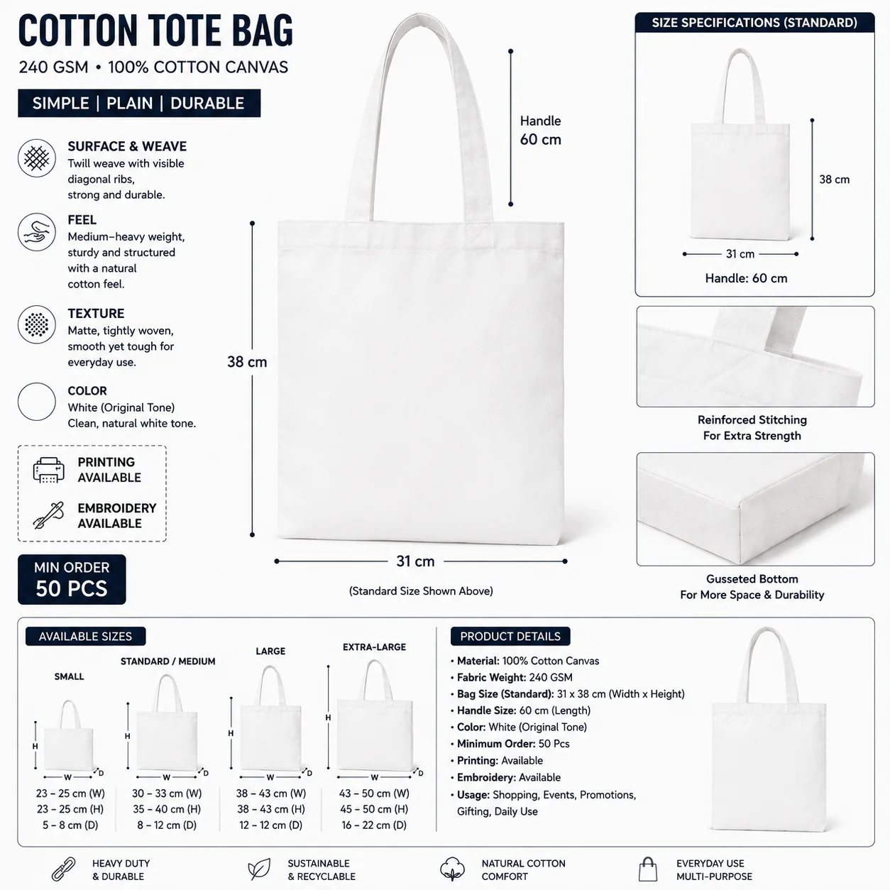 Light Grey Cotton Tote Bag Reusable Shopper full view