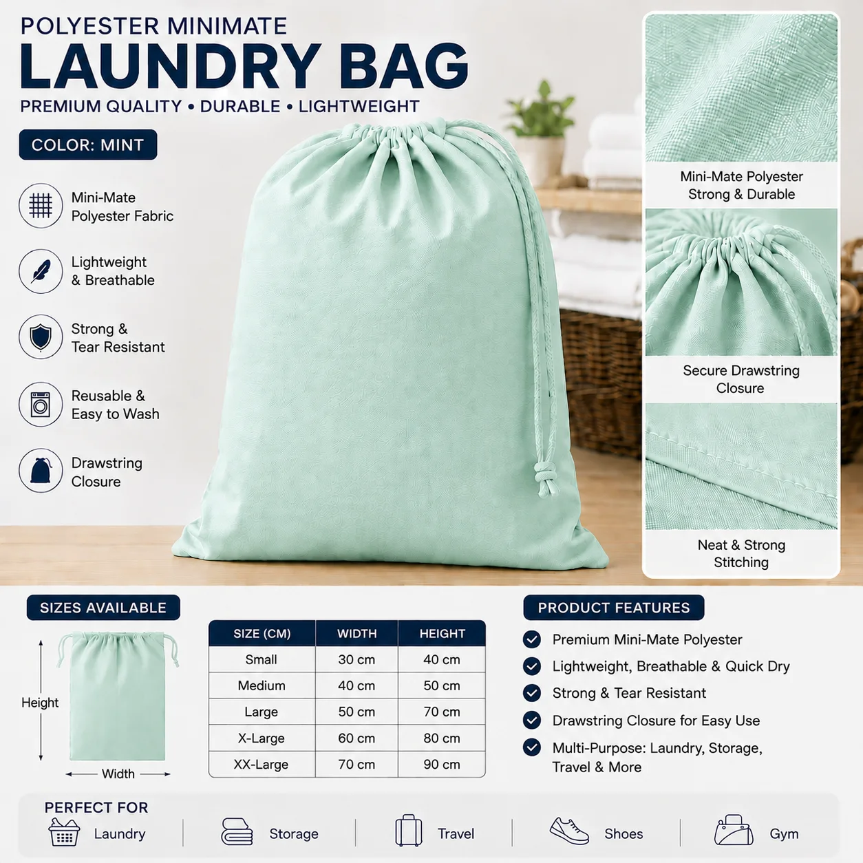 Light Grey Polyester Commercial Laundry Bag