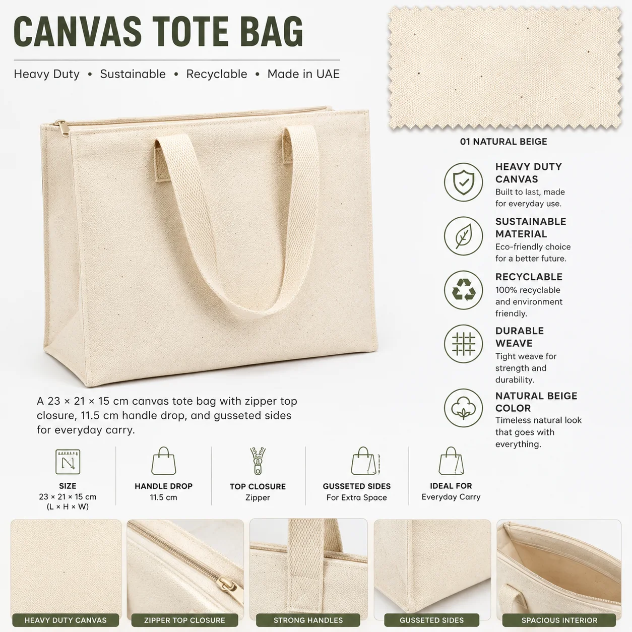 Natural Beige Canvas Tote Bag Custom Shopper full view