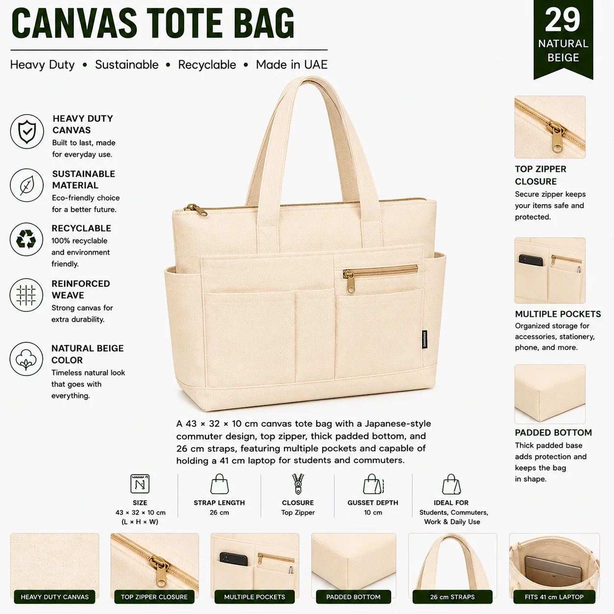 Natural Beige Canvas Tote Bag Reusable Shopper Natural Beige Canvas Tote Bag Reusable Shopper