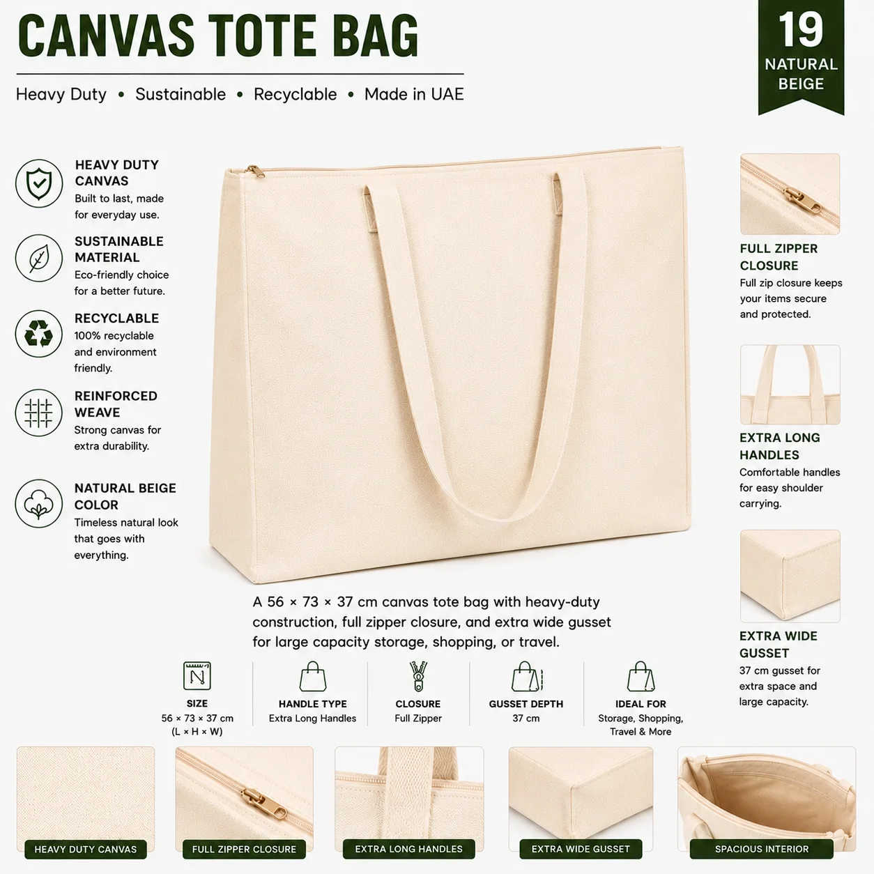 Natural Beige Canvas Tote Bag Travel Shopper
