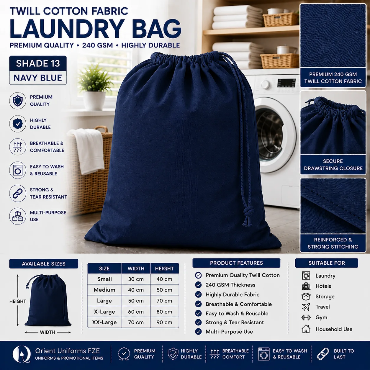 Navy Blue Cotton Commercial Laundry Bag Navy Blue Cotton Commercial Laundry Bag