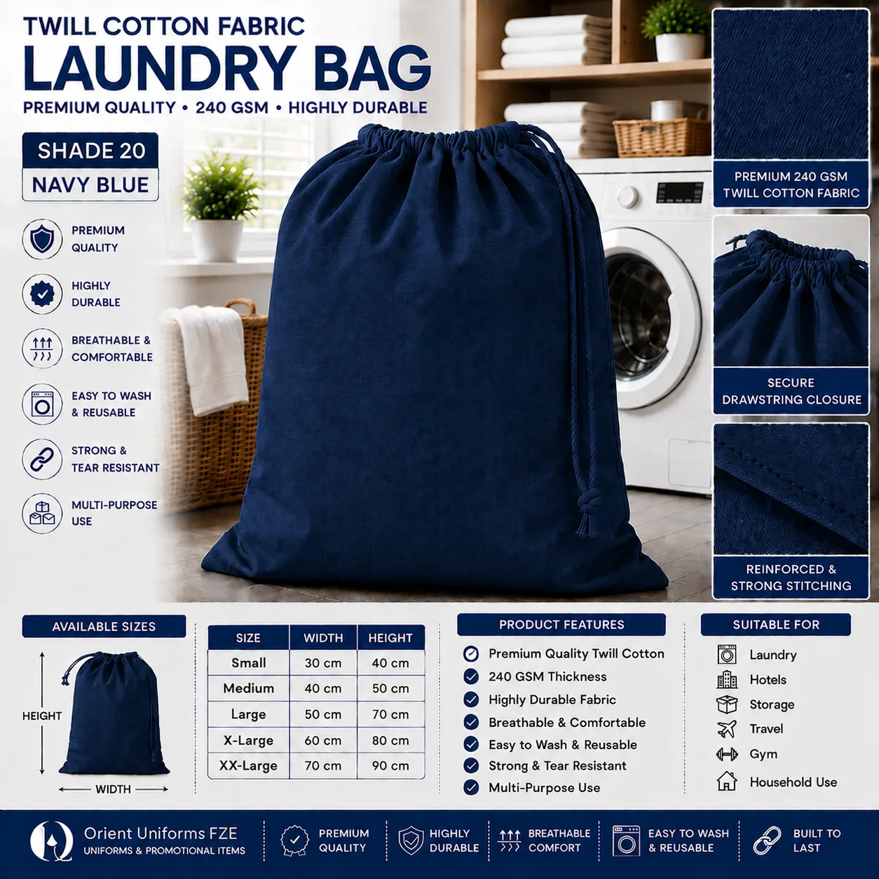 Navy Blue Cotton Hotel Laundry Bag Navy Blue Cotton Hotel Laundry Bag