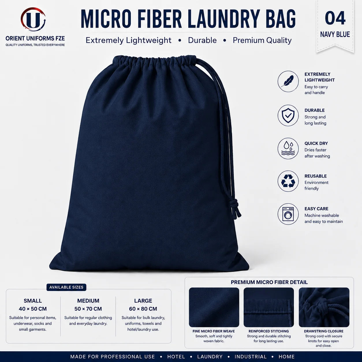 Navy Blue Microfiber Commercial Laundry Bag