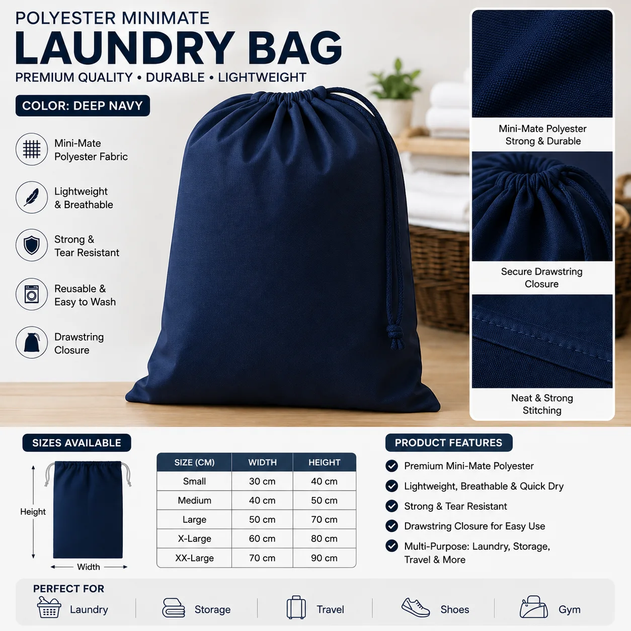 Navy Blue Polyester Commercial Laundry Bag