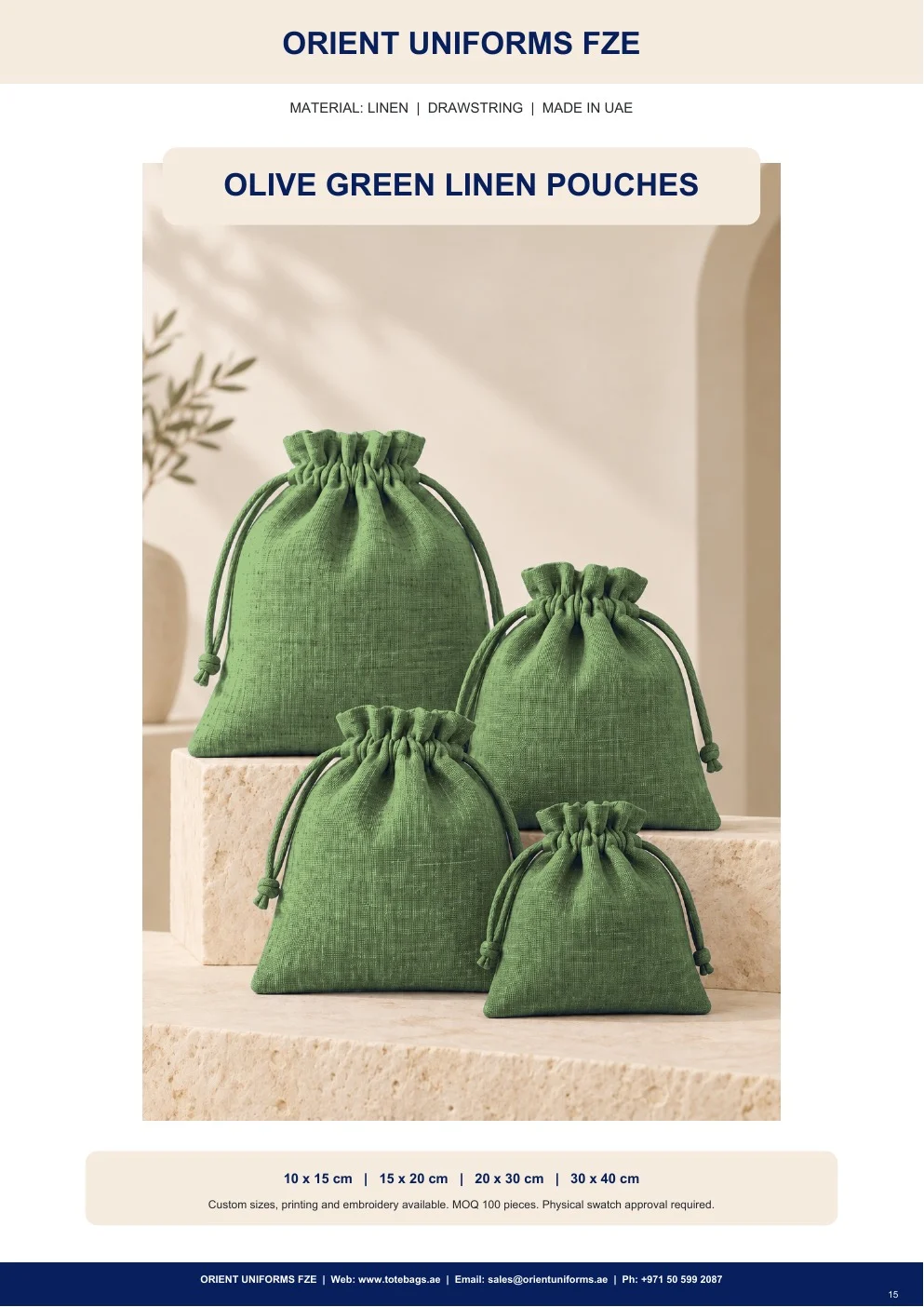 Olive Green Linen Drawstring Pouches