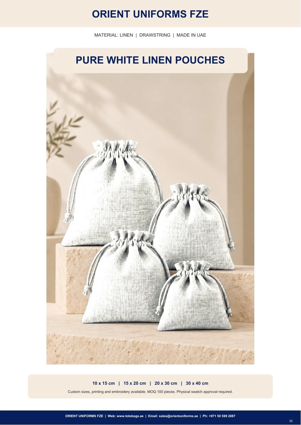 Pure White Linen Drawstring Pouches
