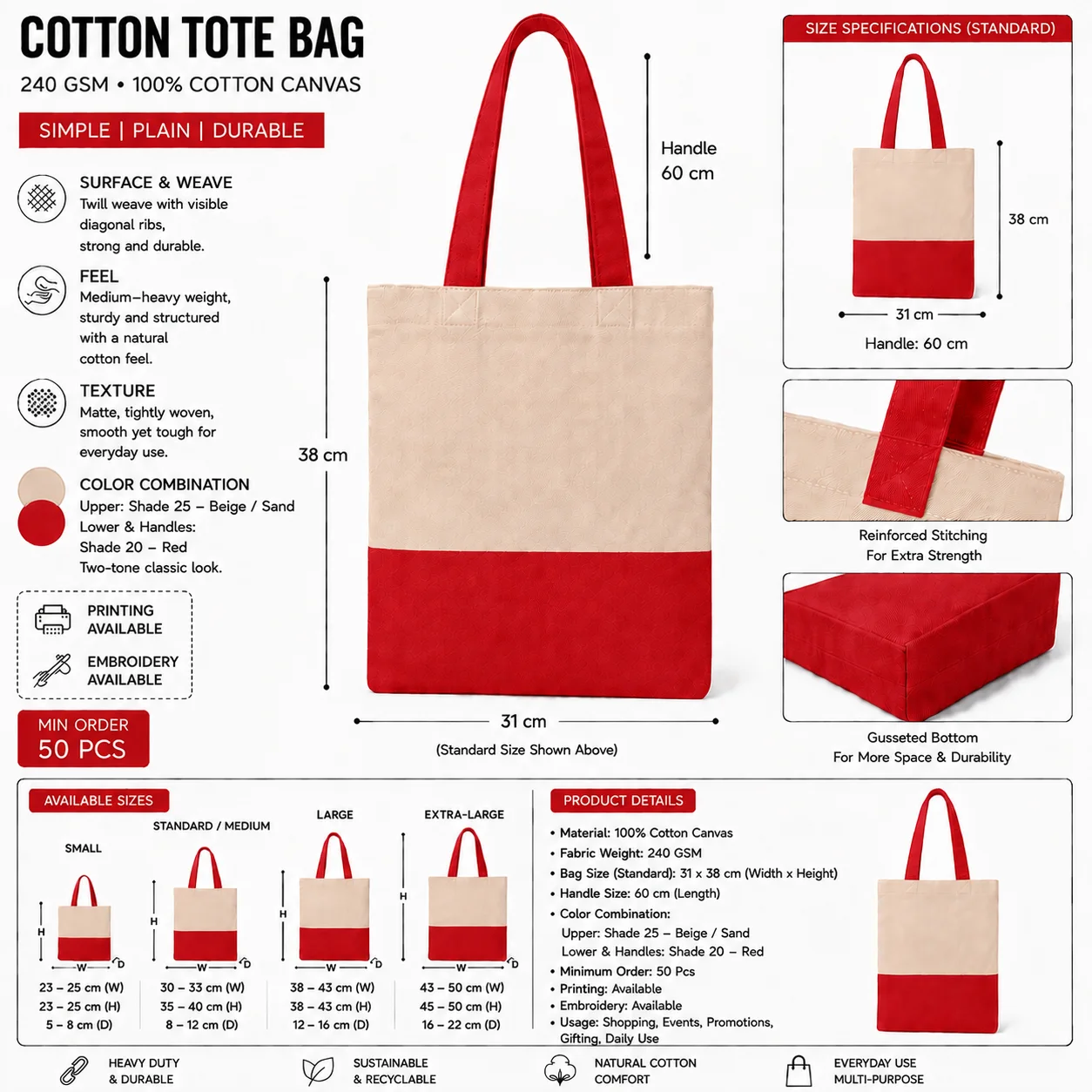 Red Cotton Tote Bag Classic Shopper Red Cotton Tote Bag Classic Shopper