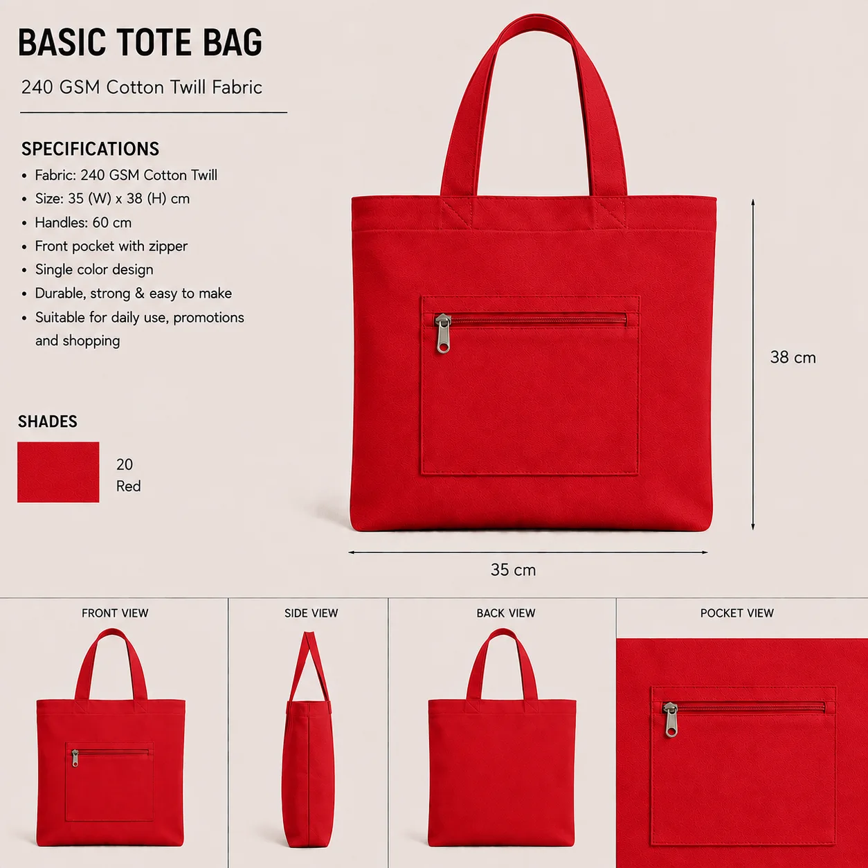 Red Cotton Tote Bag Everyday Shopper