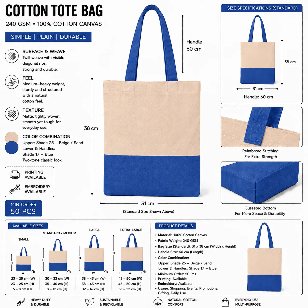 Royal Blue Cotton Tote Bag Classic Shopper