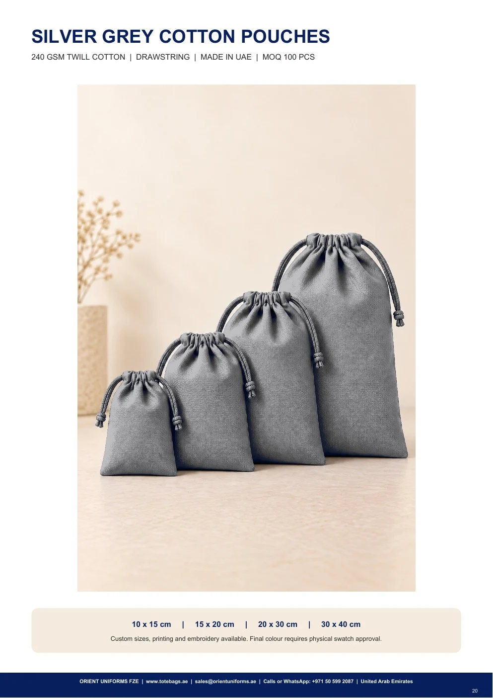 Silver Grey Cotton Drawstring Pouches — SKU-TB:silver-grey-cotton-drawstring-pouches