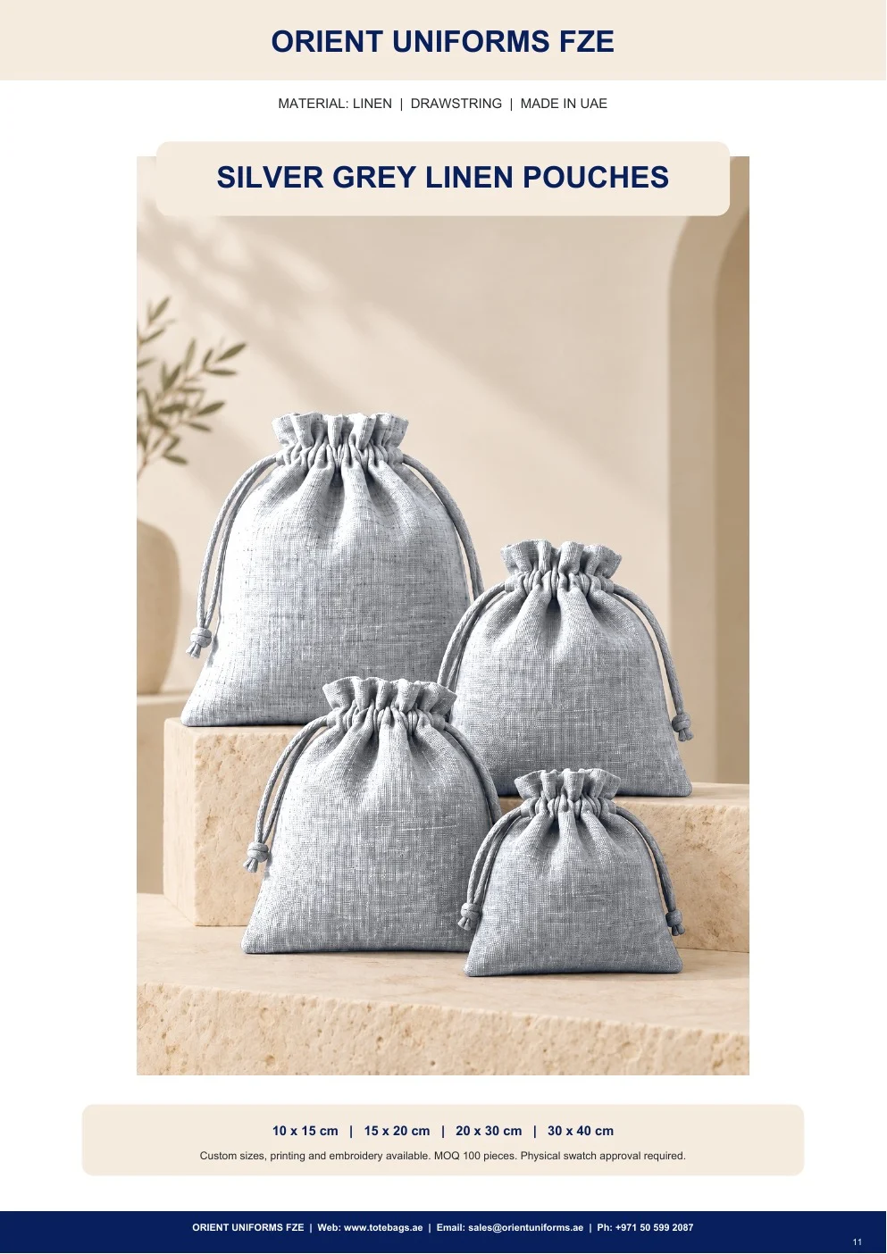 Silver Grey Linen Drawstring Pouches