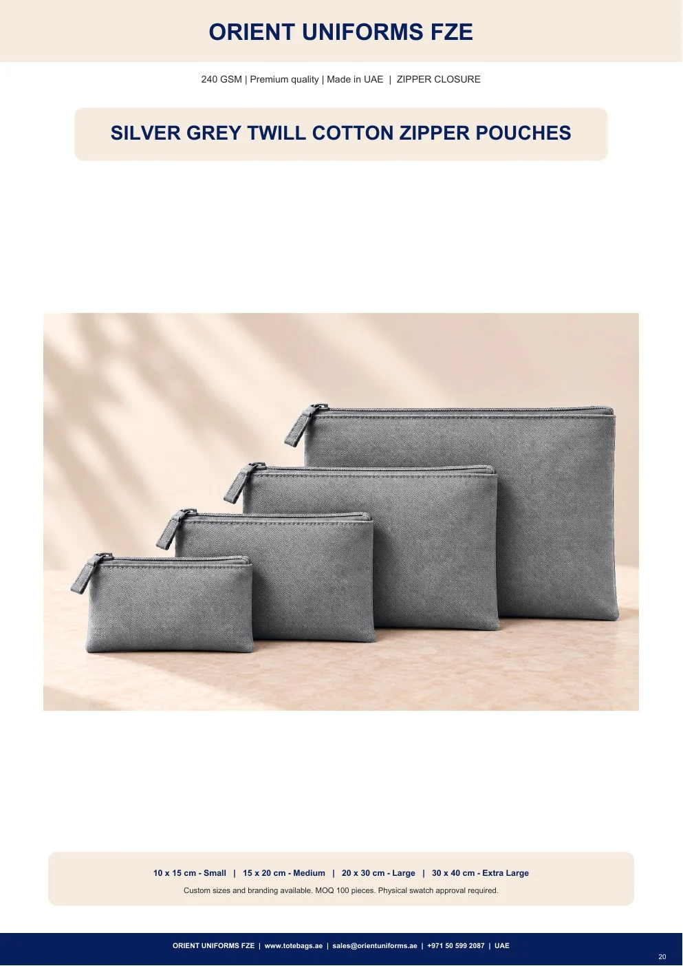 Silver Grey Twill Cotton Zipper Pouches Silver Grey Twill Cotton Zipper Pouches