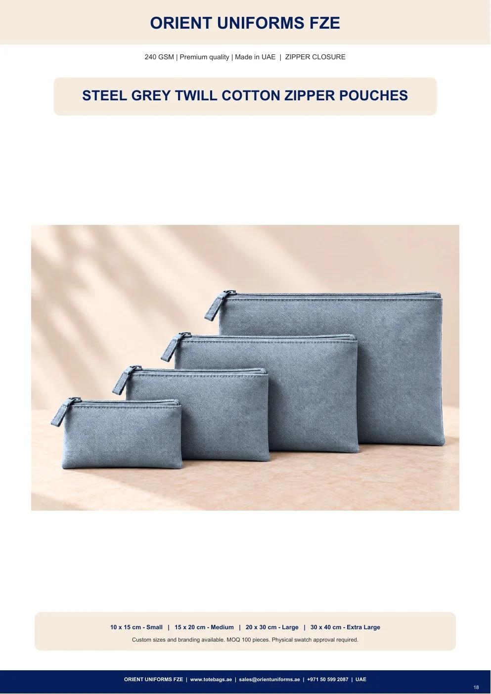 Steel Grey Twill Cotton Zipper Pouches Steel Grey Twill Cotton Zipper Pouches