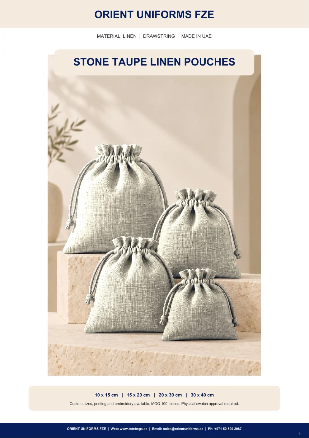Stone Taupe Linen Drawstring Pouches
